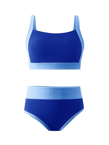 AMAWMW Girls' Navy Blue Color Block Bikini Set 9-10 Years Adjustable Two-Piece Swimsuit