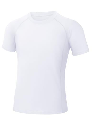 Boys Compression Shirt - Athletic Football Short Sleeve, 9-10 Years - White