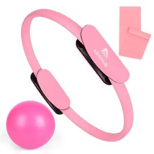 Abahub Pilates Ring Set, Home Workout Pilates Equipment Pilates，14”Magic Circle, 9”Mini Ball, Yoga Bands, Hoop for Women Home Fitness, Toning Arms, Thighs/Legs & Core, Pink Set