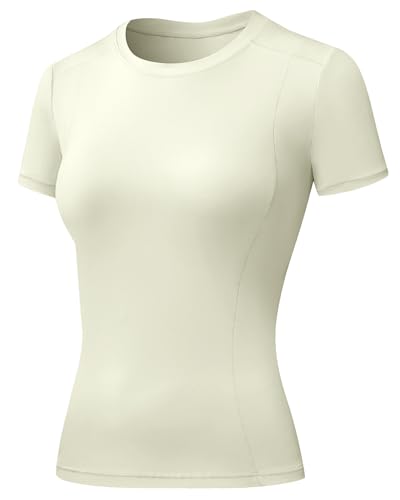 Slim Fitted Workout Tops for Women - Compression Tee - Almond White, XX-Large