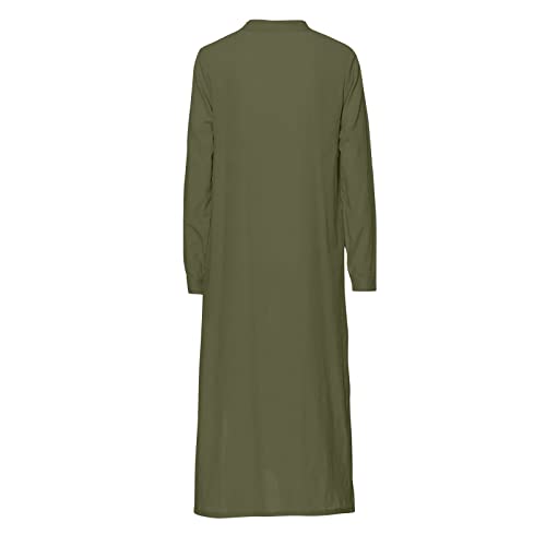 Maxi Long Dress for Women - Cotton Long Sleeve Kaftan - Army Green, Large