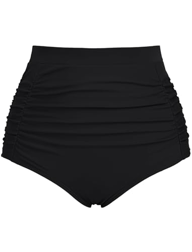 High Waisted Bikini Bottoms - Classic Black, Ruched Full Coverage