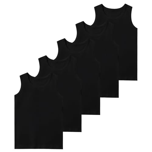Mocolerno 14-16 Years Boys Tank Tops 5-Pack Cotton Sleeveless Undershirts Black