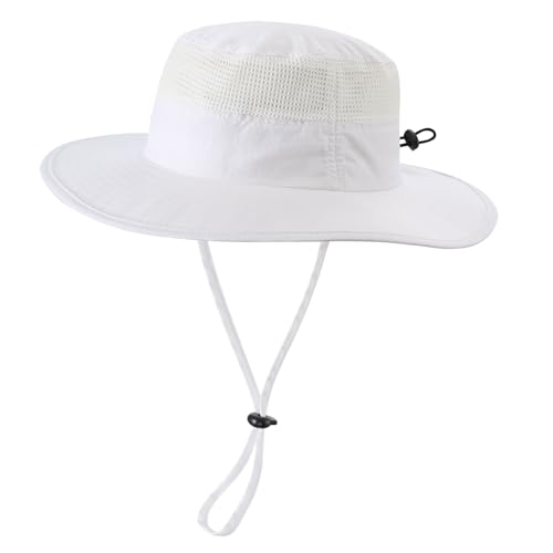Kids UPF50+ Wide Brim Sun Hat for Boys & Girls, Mesh Water Bucket Hat, White, 4-8 Years