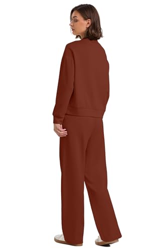 WIHOLL Two-Piece Lounge Set for Women, Caramel – Mock Neck Top & Wide-Leg Pants