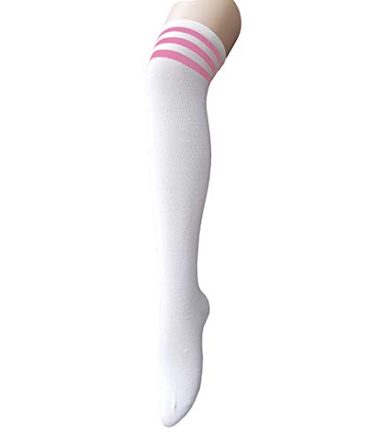 Thigh High Socks for Women - Casual Striped Knee High Stockings - One Size White Pink