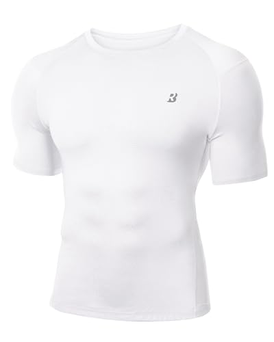 Men's Compression Shirt - Short Sleeve Cool Dry Base Layer - White / Medium