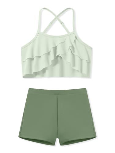 Girls Ruffled Tankini Swimsuit 2-Piece Set - Green, 15-16 Years