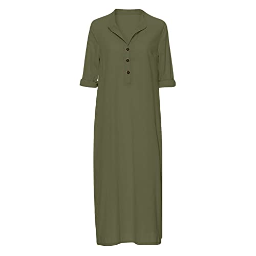 Maxi Long Dress for Women - Cotton Long Sleeve Kaftan - Army Green, Large