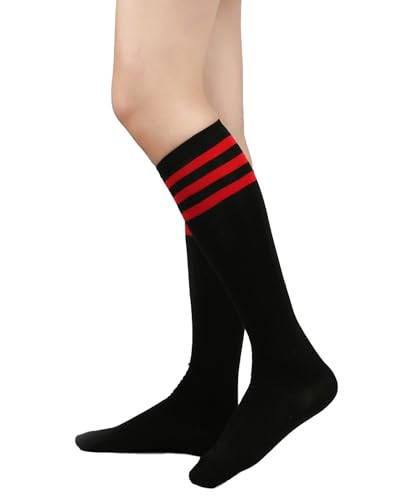 Knee High Socks for Women - Athletic Striped Tube Socks, 3 Pack Red & Black Stripes