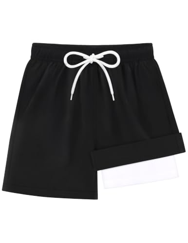 Sarfel Boys Swim Trunks with Compression Liner 14-16 Years Solid Black Quick Dry Teen Beachwear