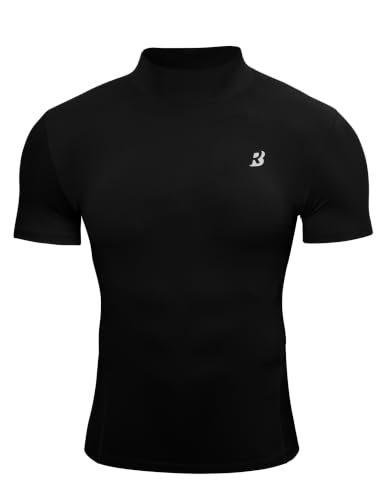 Roadbox Men's Short Sleeve Mock Turtleneck Compression Shirt - Large Black