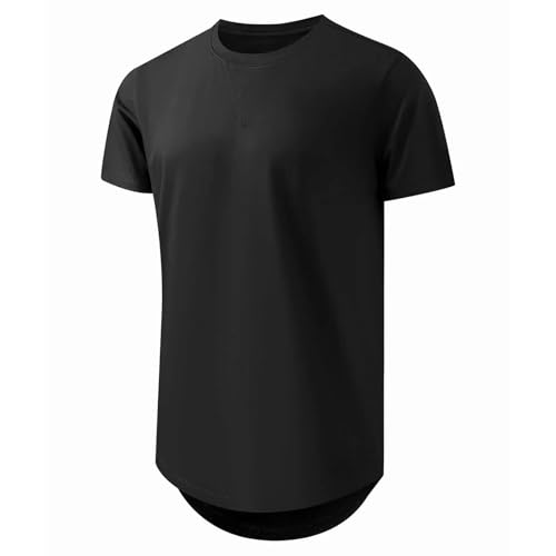 Men's Longline Crewneck T-Shirt - Casual Hipster Hip Hop Style, Short Sleeve, Medium, Black Gray Green