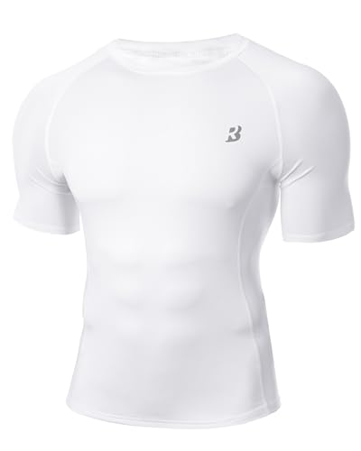 Roadbox Men's Compression Short Sleeve Workout Base Layer Shirt Small White