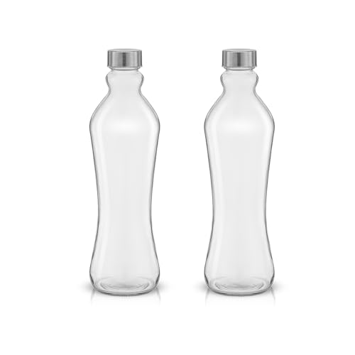 JoyJolt 32oz Glass Water Bottle Set – 2pk, Clear Glass with Stainless Lids, Leakproof