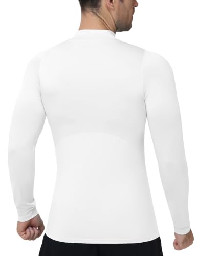 Roadbox Men's Mock Turtleneck Compression Shirt - Long Sleeve Base Layer, Medium, White