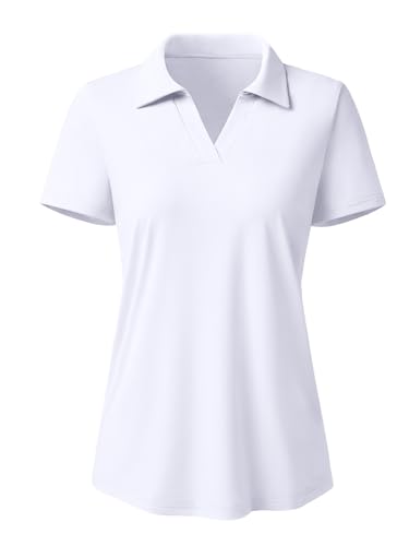 Women’s Polo Shirts Golf V-Neck Short Sleeve Top - White, Medium - 3rd Hill