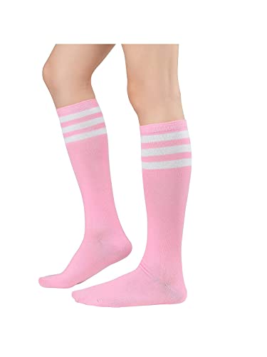 Knee High Striped Socks for Women - One Size Pink & White