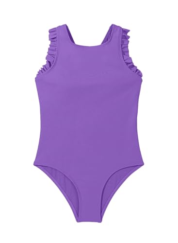 Purple 12-13 Years Girls Swimsuit with Ruffle Sleeveless One-Piece Summer Bathing Suit