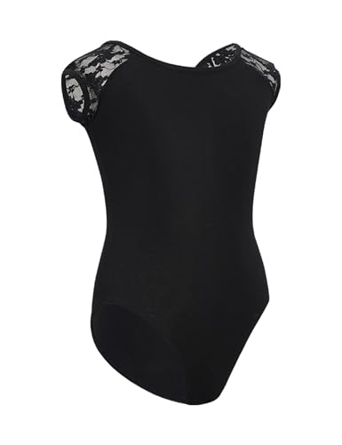 Girls Ballet Leotard with Lace Cap Sleeve - 9-10 Years Black Dancewear