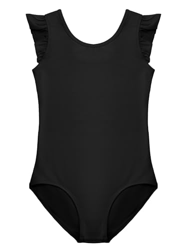 Girls Ballet Leotard with Ruffle Sleeves - Gymnastics & Dancewear, 6-7 Years, Black