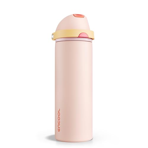 ENCOOL 24 oz Insulated Stainless Steel Water Bottle with Straw & Leak-Proof Lid - Pink Daisy-Red