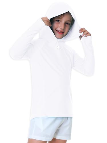 Kids Long Sleeve Hoodie Rash Guard UPF 50+ Swim Top - 13-14 Years/White