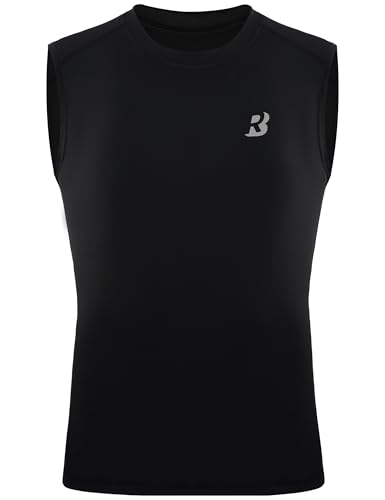 Boys Sleeveless Compression Shirt - Quick-Dry Athletic Tank Top, Large Black