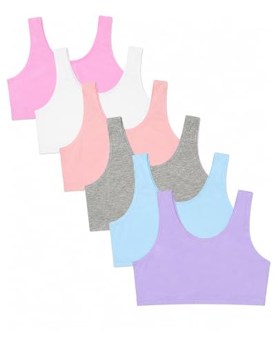 Fruit of the Loom Girls' Cotton Stretch Built-Up Sports Bra Multi-Pack 30/Hyacinth, Eyeshadow, Grey Heather, White, Lilac, Blushing Rose