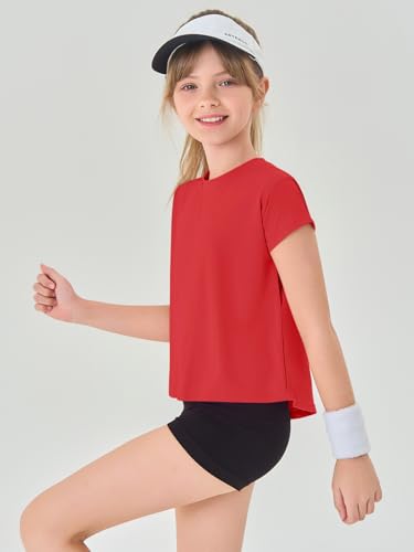Girls Loose Athletic Crop Tops - Short Sleeve, 7-8 Years, Red