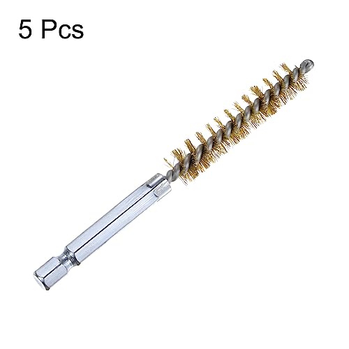 HARFINGTON 5Pcs Brass Bore Brush 10mm Dia 4" Long Cleaning Twisted Wire Brush with Handle 1/4" Hex Shank for Tubes, Ports, Bearings