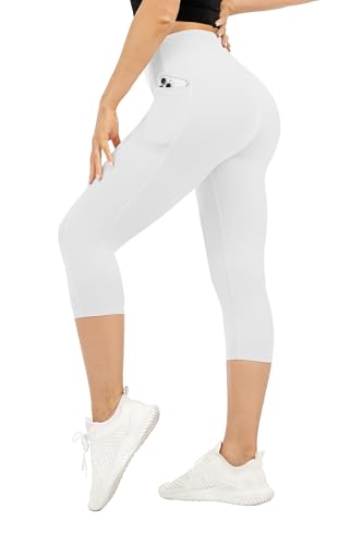 High Waisted Capri Leggings with Pockets - White, Large-X-Large