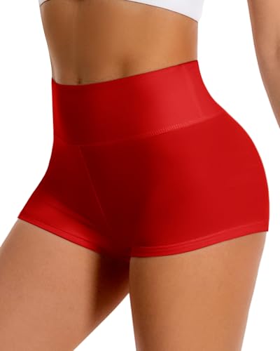DHSO High Waisted Buttery Soft Biker Shorts for Women 5 Inch Tummy Control, No Pockets, Small-Medium, Red