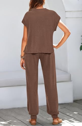 BTFBM Women's Summer Lounge Set - Airport Outfit Tracksuit, Medium, Solid Coffee