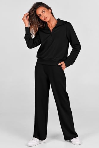 Women's 2 Piece Matching Lounge Set - Zip Up Sweatshirt, Wide Leg Pants - Medium Black
