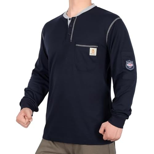 BOCOMAL FR Shirts for Men CAT2 5.5oz Long Sleeve Henley Workwear Flame Resistant Fire Retardant Shirt