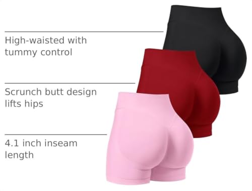 OLCHEE Women's 3-Pack Seamless Gym Workout Shorts with Scrunch Butt, 2.6/4.1/6 Inch Inseam, Medium, Black/Red/Light Pink