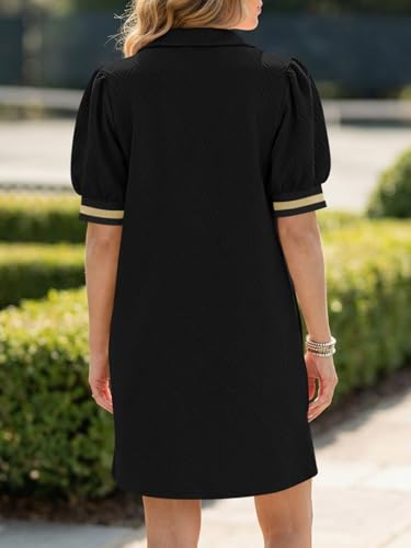 Fisoew Womens Summer Puff Short Sleeve Mini Dress with Quarter Zip V-Neck - Black Small