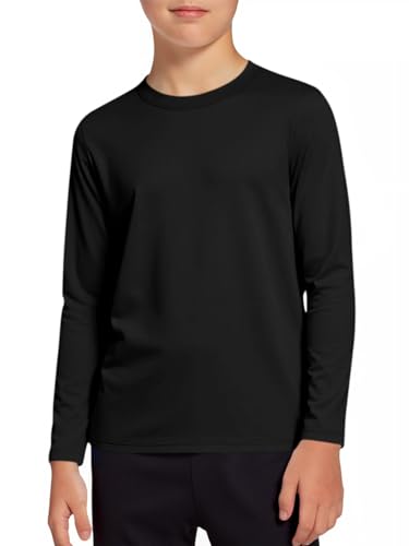 Boys Long Sleeve Athletic T-Shirt - Neon Dry Fit UPF 50+ - Black, 7-8 Years
