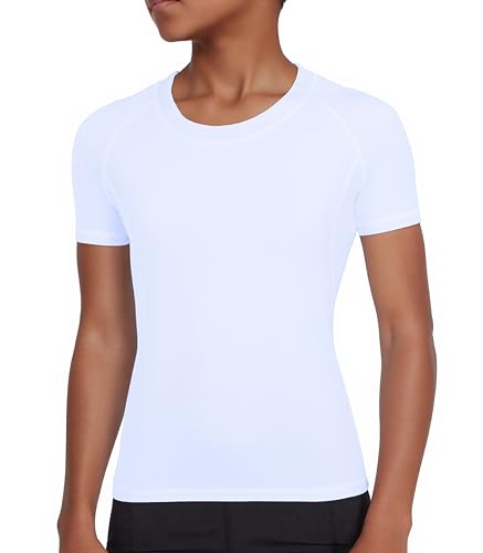 Boys Compression Shirt - Short Sleeve Quick Dry Base Layer, Large White