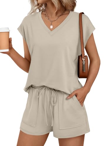 Automet 2-Piece Summer Short Set - Khaki Medium V-Neck Cap Sleeve Lounge Wear
