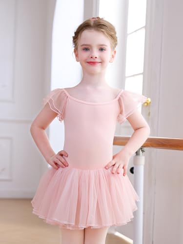 Mecceos Toddler Ballet Leotard for Girls - 4-5T Pink Flutter Wing Sleeve Tutu Skirted Dance Dress