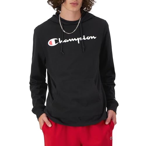 Champion Men’s Long Sleeve T‑Shirt Hoodie - Small Black Classic Script Logo (Retired Colors)