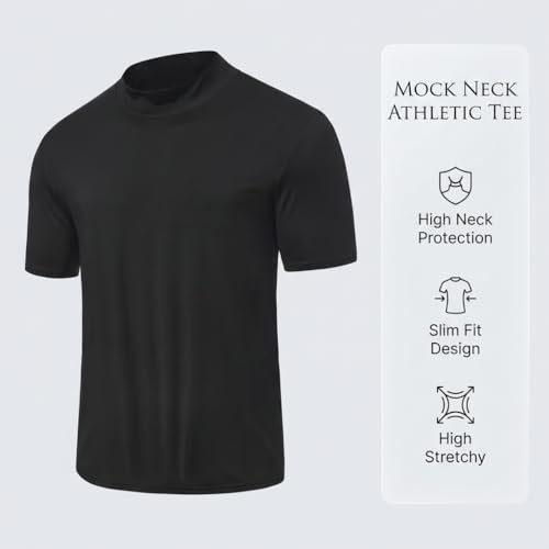 Men Short Sleeve Mock Neck T-Shirt Black Medium - Stretchy Sports Tee
