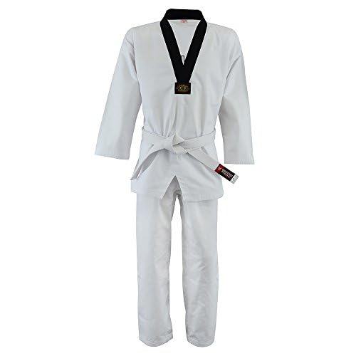 twister fight wear Taekwondo Uniform, 8oz Poly/Cotton, White Belt Included (BLACK-V, 0)