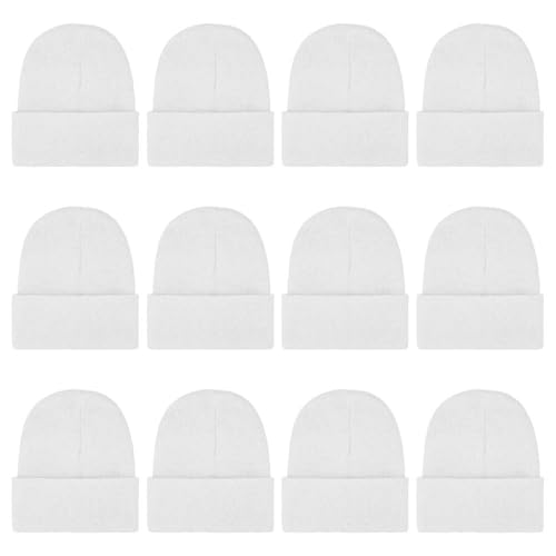 ZH 12-Pack Knitted Winter Beanie Hats for Men & Women, One Size, White