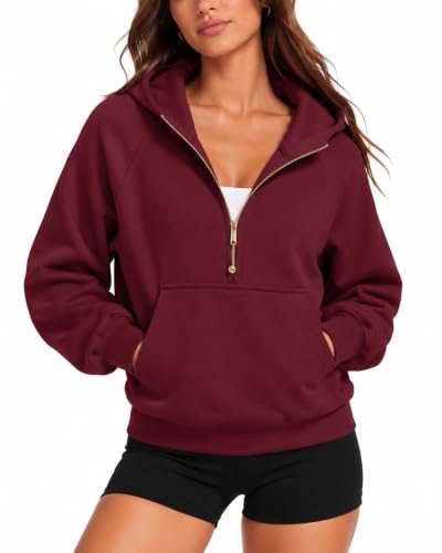 SUUKSESS Women's Gold Half Zip Cotton Hoodie - Casual Pullover Sweatshirt, Medium/Wine Red