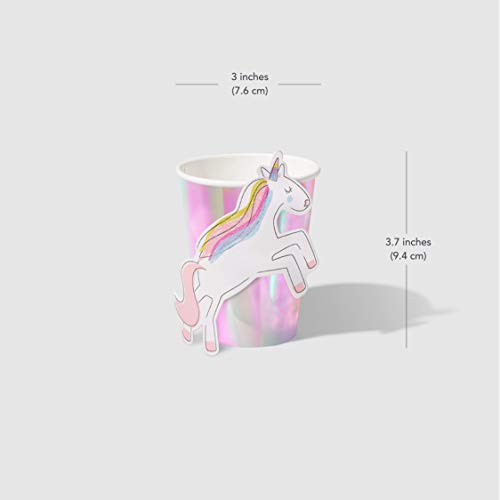 Unicorn Paper Party Cups - Set of 10 Iridescent 9oz Cups with Glitter Stick-On Unicorns - Unicorn
