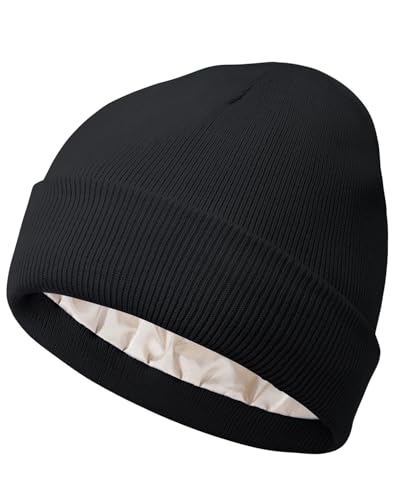 Satin Lined Beanie for Women & Men - Black, One Size