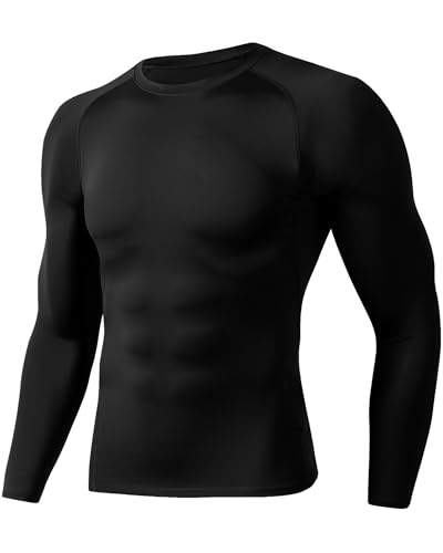 Compression Shirt for Men - Long Sleeve Athletic Base Layer - Large Black